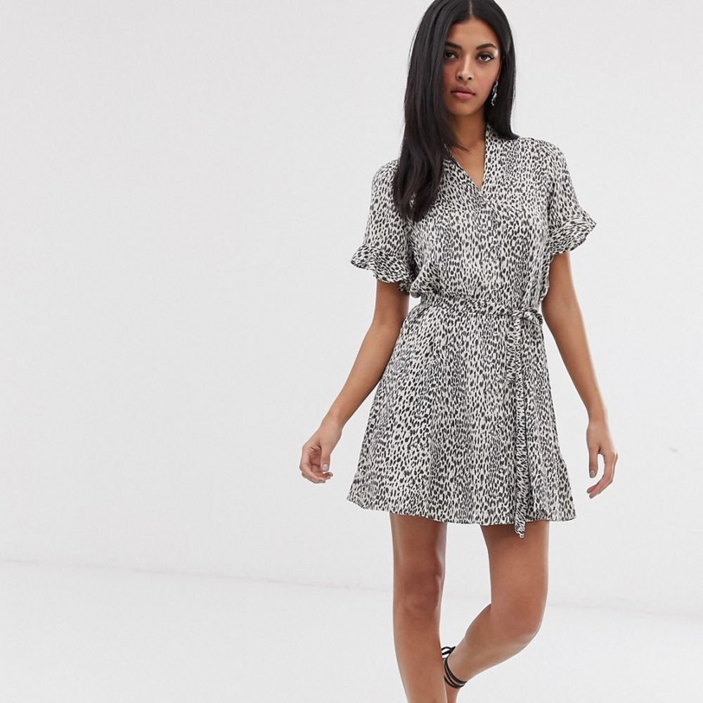 All Saints / grey leopard animal print Lep Fay Dress ruffle sleeve mini small s